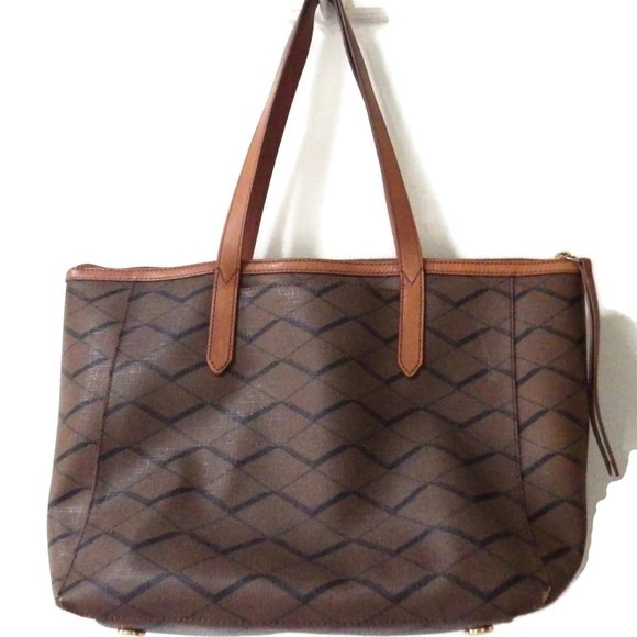 Beautiful FOSSIL Sydney Tote/ Brown Diamond Pattern/ Key/ Excellent Condition - Picture 5 of 9